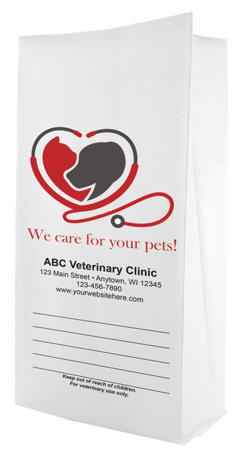 White paper veterinary prescription bag featuring veterinary prescription bags with heart pet care logo and We care for your pets design