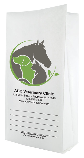 White paper veterinary prescription bag featuring veterinary prescription bags with dog, cat, and horse eco-style logo design