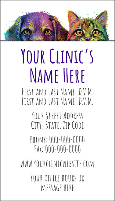 Veterinary business card featuring colorful dog and cat portraits with paint splash effects above purple clinic information on a vertical layout.

