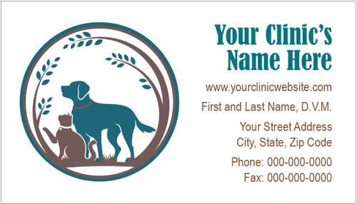 Veterinary business card featuring a circular emblem with dog and cat silhouettes surrounded by leafy branches in teal and brown tones.

