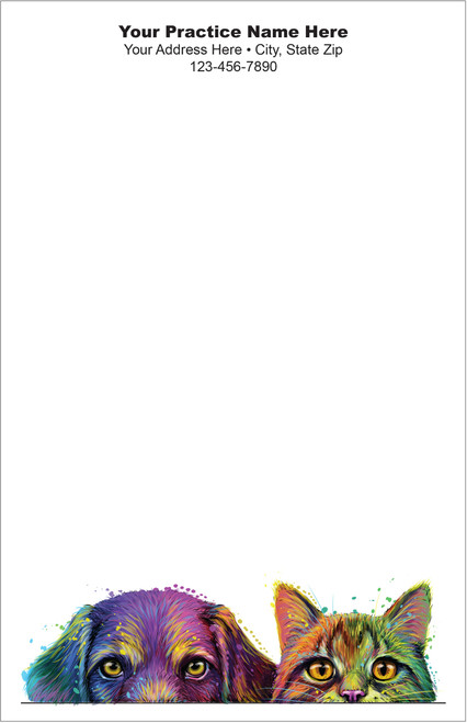 Half-size veterinary notepad featuring colorful dog and cat portrait illustrations along the bottom edge with practice information centered at the top.

