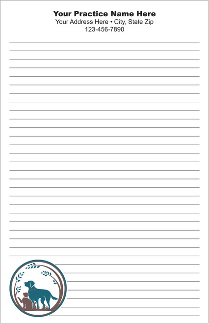 Lined veterinary notepad featuring a circular dog and cat emblem with leafy branches in the lower corner and practice information centered at the top.

