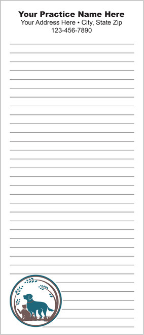 Tall veterinary notepad with ruled writing lines and a circular dog and cat emblem surrounded by branches and leaf accents in the lower corner.

