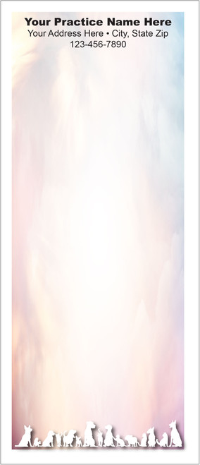 Tall veterinary notepad with white silhouettes of multiple companion animals along the bottom against a soft pastel background and practice information at the top.

