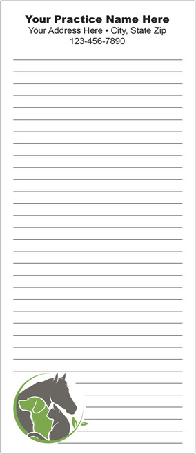 Tall veterinary notepad with lined writing space and a green and gray illustration of a horse, dog, and cat in the lower corner.


