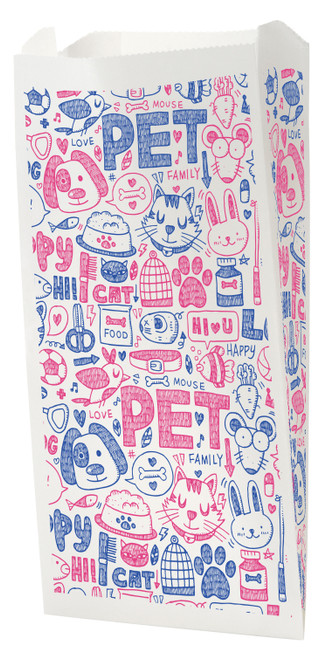White veterinary bag with blue and pink pet illustrations, “PET” text, and small words like “LOVE,” “HI CAT,” and “FOOD”


