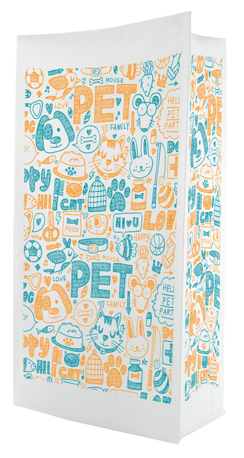 A flat bottom bag with a white background features a dense pattern of playful orange and teal pet-themed illustrations, including cats, dogs, paw prints, bowls, toys, and the word “PET” repeated throughout the design.

