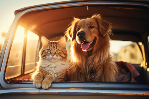 Golden dog and orange tabby cat sitting together in the back of a vehicle during sunset.
