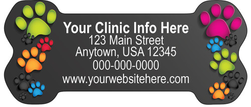 Bone-shaped veterinary sticker featuring colorful paw prints on a dark background with customizable clinic contact information.


