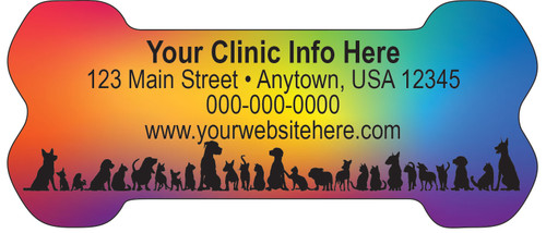 Bone-shaped veterinary sticker featuring a rainbow gradient background with companion animal silhouettes along the bottom and customizable clinic information.

