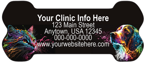 Bone-shaped veterinary sticker featuring colorful dog and cat portraits on a black background with customizable clinic contact information.

