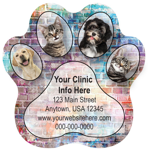 Paw print veterinary sticker featuring dog and cat portraits in the paw pads with a colorful brick wall background and customizable clinic information.


