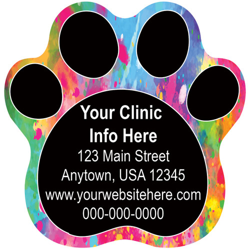 Paw print veterinary sticker featuring a colorful paint splash background, black paw pads, and customizable clinic contact information in the center.

