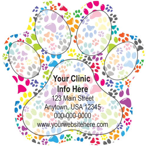 Paw print veterinary sticker featuring a colorful all-over paw print pattern with customizable clinic information displayed in the center pad area.

