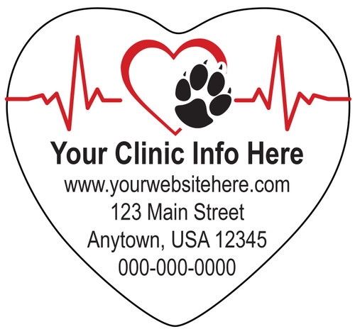 Heart-shaped veterinary sticker featuring a red heartbeat line, red heart outline, black paw print graphic, and customizable clinic contact information.