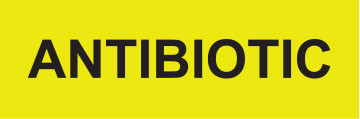 ANTIBIOTIC label with black uppercase text on a bright yellow rectangular background

