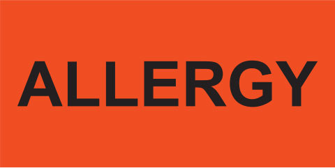 Bright orange rectangular sticker with bold black ALLERGY text