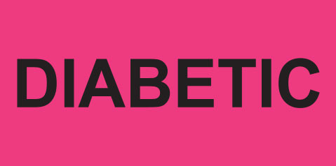 Bright pink rectangular sticker with bold black text reading DIABETIC


