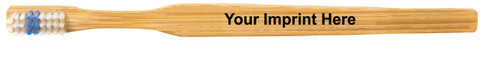 Personalized bamboo toothbrush with a natural bamboo handle, white and blue bristles, and black "Your Imprint Here" sample text printed horizontally on the handle imprint area.

