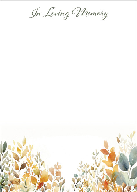 In Loving Memory 5 x 7 pet memorial insert featuring watercolor botanical artwork and space for paw print or nose print impressions.