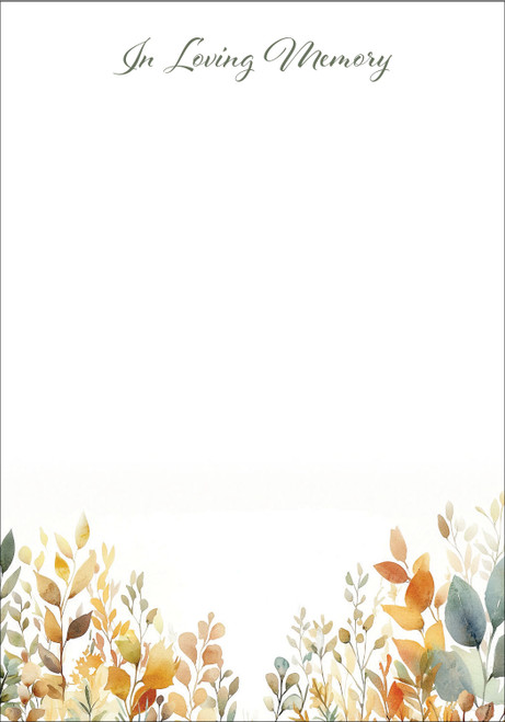 In Loving Memory pet memorial insert with watercolor foliage border and space for a paw print or nose print keepsake.