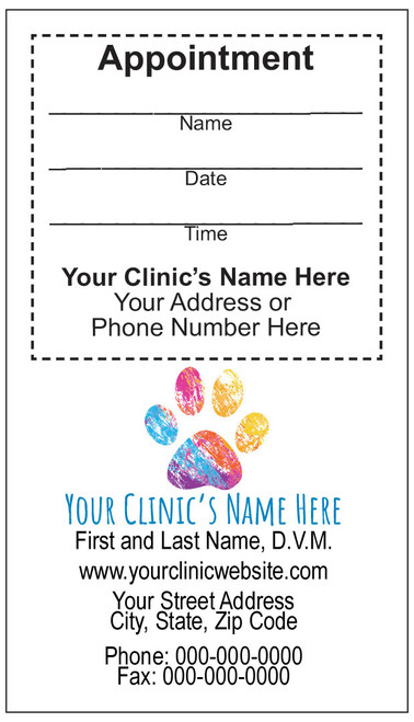 Veterinary sticker appointment business card with colorful distressed paw print graphic, light gray background, vertical layout, and peel-off appointment reminder section.

