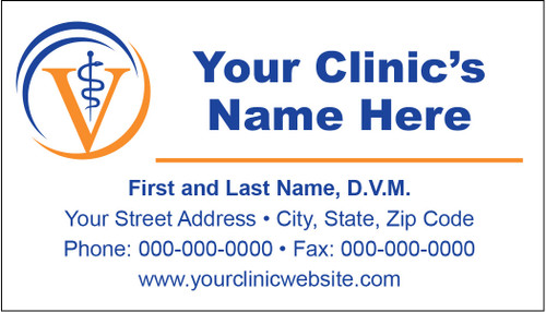 Veterinary business card featuring a blue veterinary staff symbol over an orange letter V with blue and orange circular accents and contact information.

