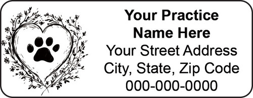 Veterinary label with heart outline, paw print, and floral line details