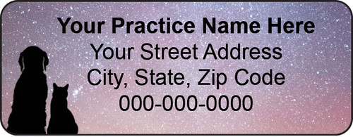 Veterinary label with starry sky background and dog and cat silhouettes