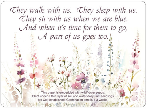 Wildflower seed memorial insert with memorial quote in dark script lettering above a watercolor-style meadow of pink, purple, and cream wildflowers.