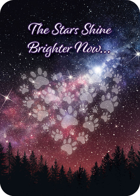 Front features “The Stars Shine Brighter Now...” with a heart made of paw prints beneath a star-filled sky; back displays a memorial poem on the same celestial background.

