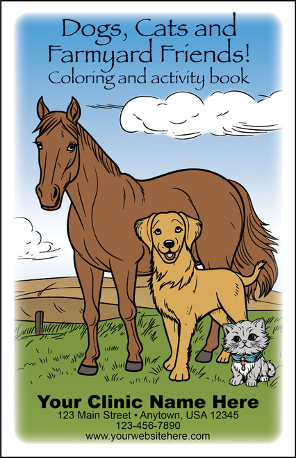 Personalized coloring book featuring a horse, dog, and cat on the cover with custom clinic information area. Interior pages include animal coloring scenes, farm-themed illustrations, mazes, connect-the-dot activities, path-following puzzles, and counting games.

