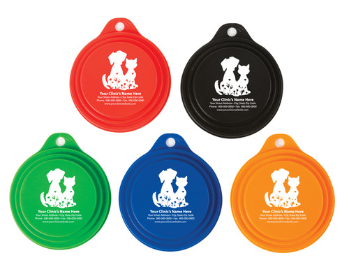 Personalized pet food can cover featuring a dog and cat silhouette with flower accents, heart details, and custom veterinary clinic contact information.


