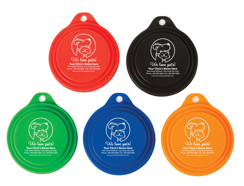 Personalized pet food can cover featuring a dog and cat illustration inside a circle above the phrase "We love pets!" and custom clinic information.

