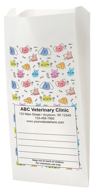 White Paper veterinary prescription bag with colorful pet doodle pattern design.
