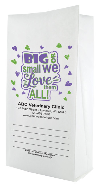 White paper veterinary prescription bag featuring veterinary prescription bags with bold Big or Small We Love Them All design and hearts