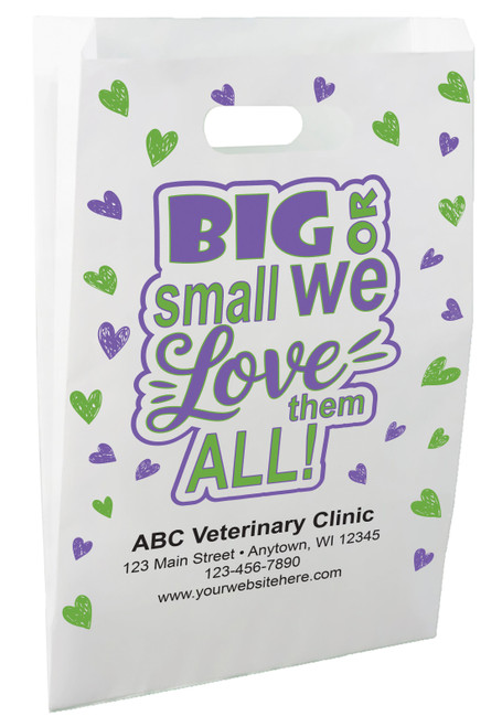 White die-cut handle paper bag featuring purple and green hearts surrounding the message “BIG or small we Love them ALL!” in bold lettering.

