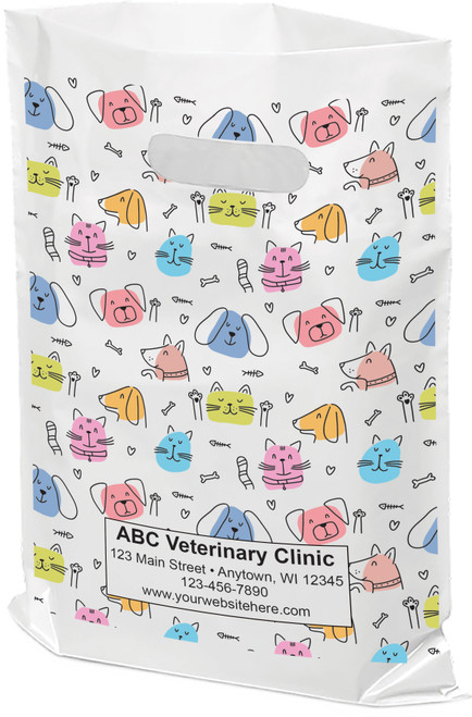 Plastic white tote bag with illustrations of dogs and cats waving in various colors.