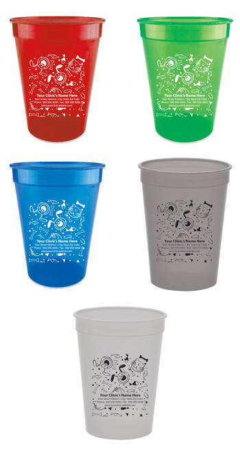 Personalized pet food measuring cup featuring a pattern of pet care icons including bowls, fish, bones, paw prints, toys, and cartoon pet graphics surrounding custom clinic contact information.

