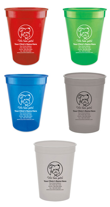  Personalized pet food measuring cup featuring a line-art dog and cat inside a circle above the phrase "We love pets!" with custom clinic name, address, phone number, fax number, and website information.

