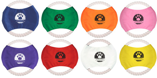 Distressed circular paw print graphic above personalized clinic information printed on a colored rope flier with a white rope border surrounding the edge.

