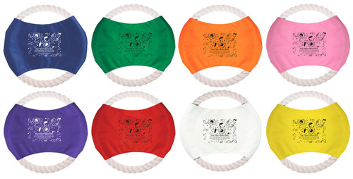Pet-themed doodles including fish, bones, paw prints, bowls, collars, and toys surrounding clinic information on a rope flier with a white rope border.


