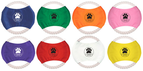 Large paw print inside a circular emblem above a bone-shaped personalization area with dotted border details on a rope flier with white rope edge.


