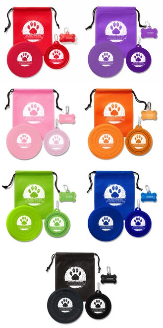  Personalized Pet Play Kit available in red, purple, pink, orange, green, blue, and black colors featuring a large paw print inside a distressed circular graphic with custom clinic information on the drawstring bag, collapsible pet bowl, silicone flier, and pet waste dispenser.


