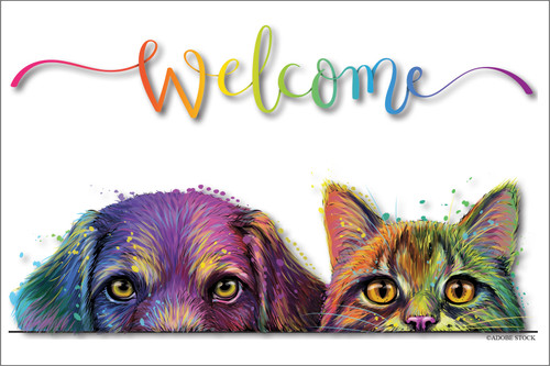 Colorful artistic dog and cat illustration beneath a rainbow Welcome message on a gray background.