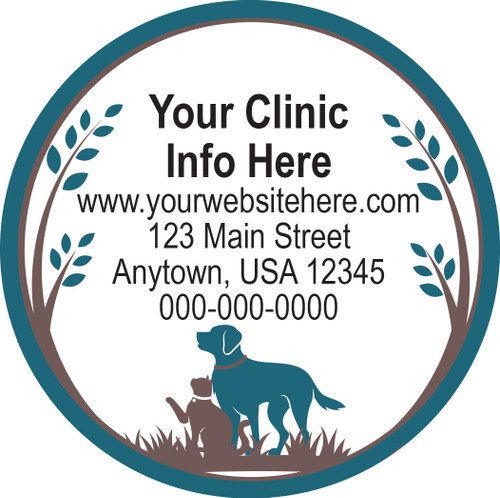Circle veterinary sticker featuring stylized trees, grass, dog and cat silhouettes, teal border accents, and customizable clinic contact information.

