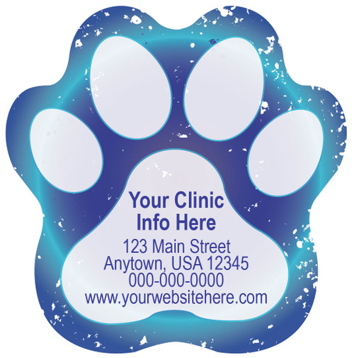 Paw print veterinary sticker featuring a blue gradient background, distressed white accents, light gray paw pads, and customizable clinic information.

