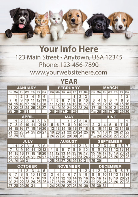 Puppies and kittens peeking over a rustic white wooden fence above a year calendar with brown accents and a custom business imprint area.