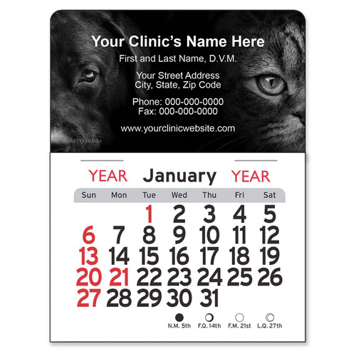 Black-and-white mini calendar featuring close-up dog and cat portraits with customizable veterinary clinic information and monthly calendar pad below.

