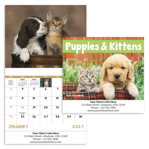  Personalized Full Size Wall Calendar featuring puppies and kittens in outdoor gardens, rustic settings, flower-filled scenes, and close-up pet portraits with custom business imprint area